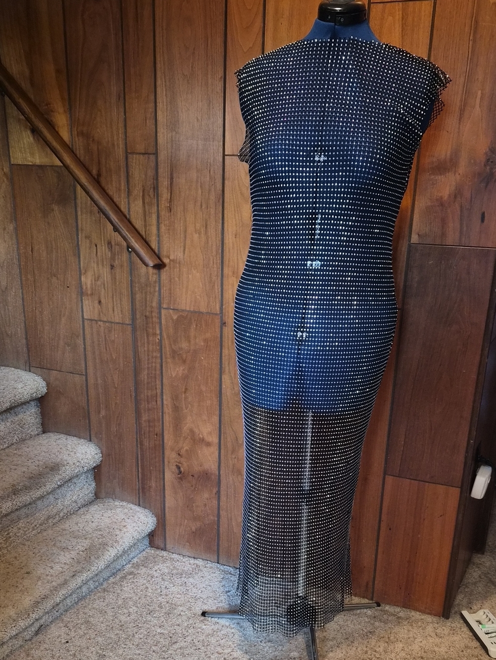 Urban Outfitters Lg Black Sheer Rhinestone Mesh Maxi Dress